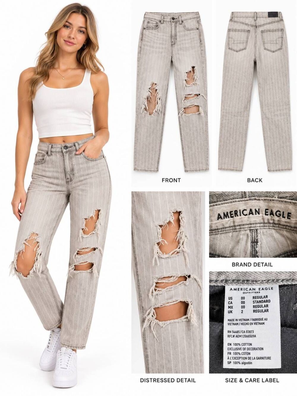 American Eagle Gray Distressed Pinstripe Straight Leg Jeans Women’s Size 00 Regu